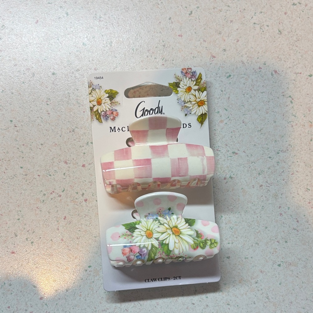 MacKenzie-Childs target Pink and White checkered and floral Hair Clips x2